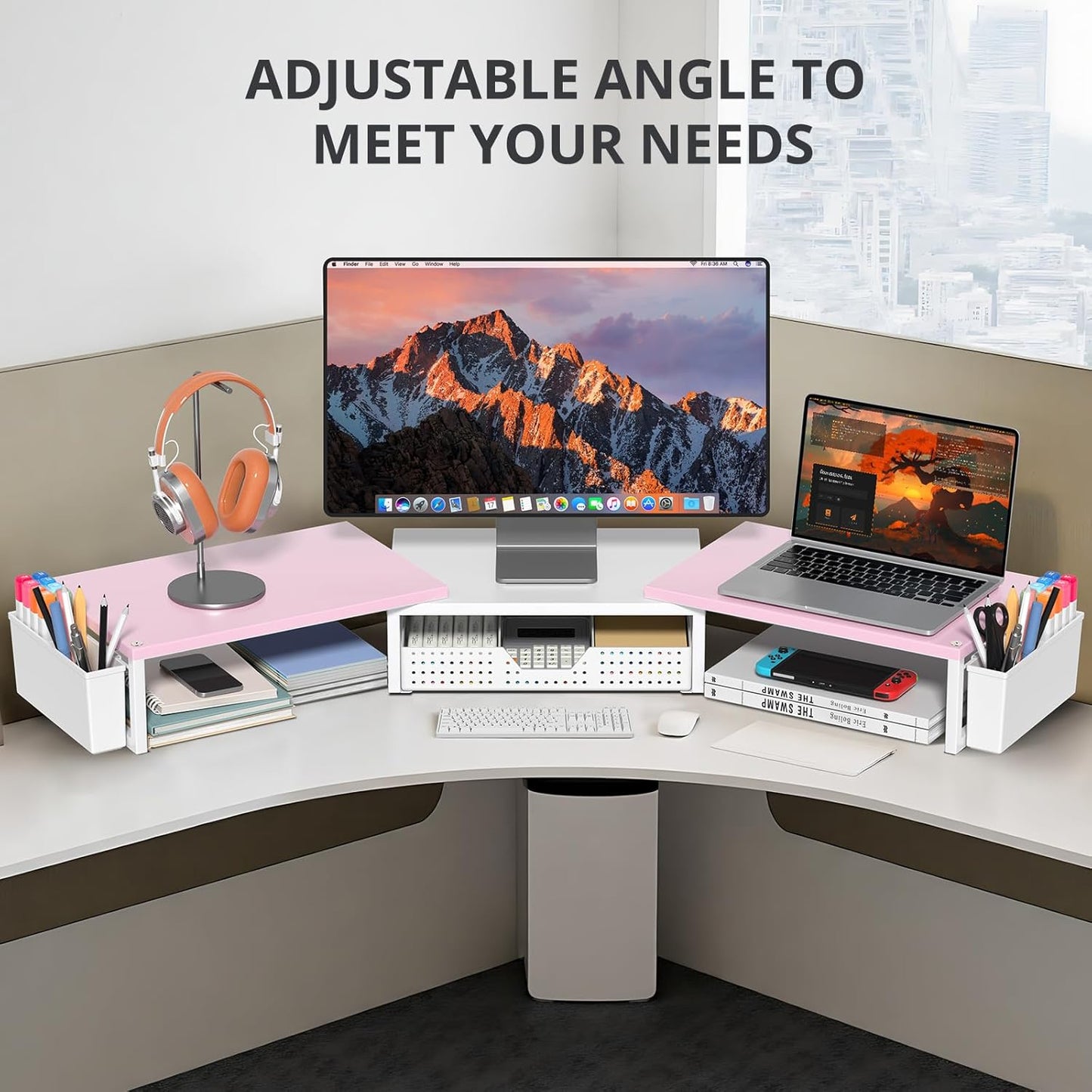 OPNICE Clear Acrylic Desk Organizers and Accessories, Dual Monitor Stand Riser with Drawer, Desk Shelf Computer Racks for Office Workspace Organizers, Desktop Organization (Transparent)