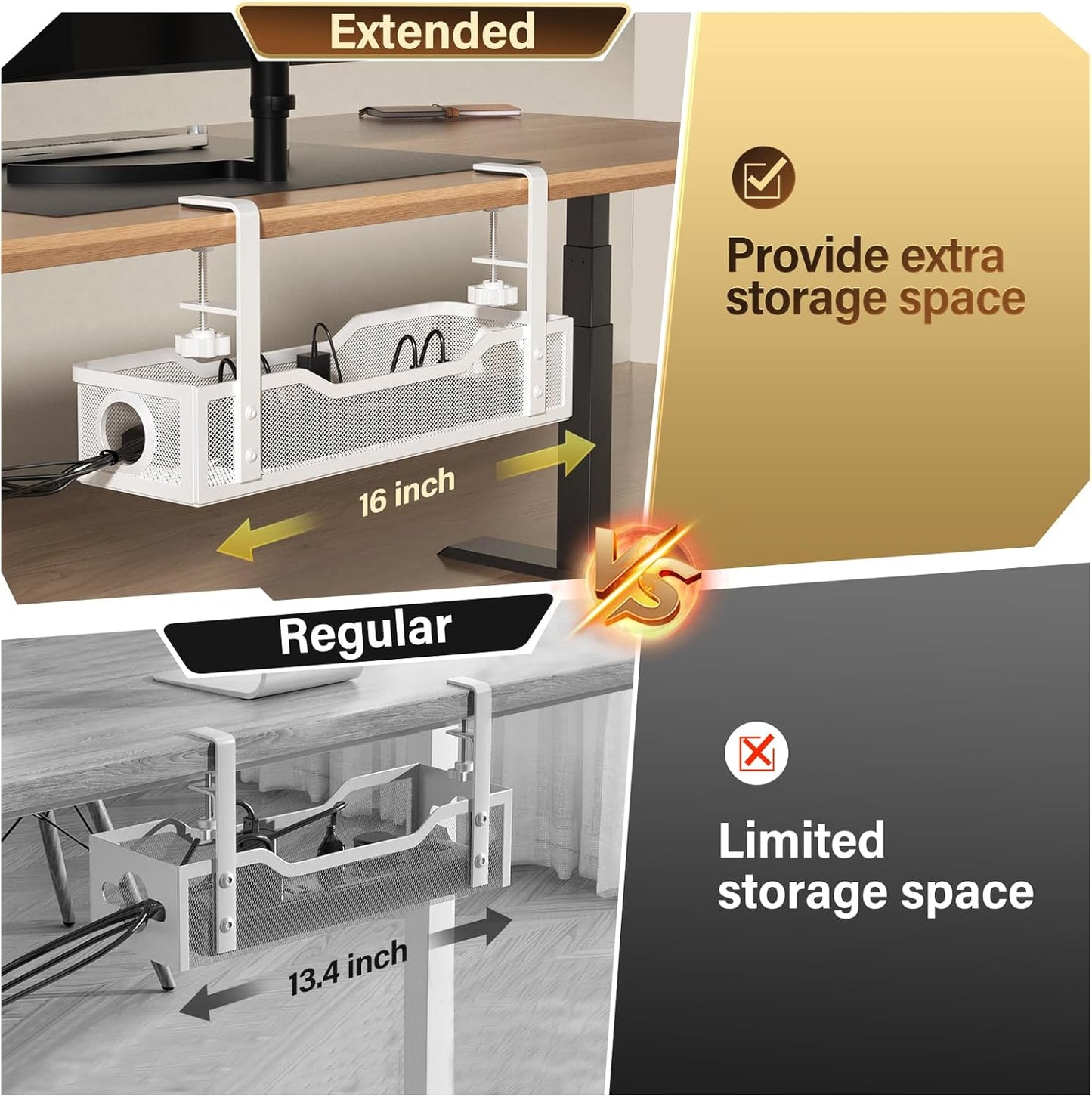 Under Desk Cable Management Tray White, Cinati Wire Organizers No Drill, Cable Tray with Clamp for Wire Management, Cord Organization Box for Office, Home - No Damage to Desk