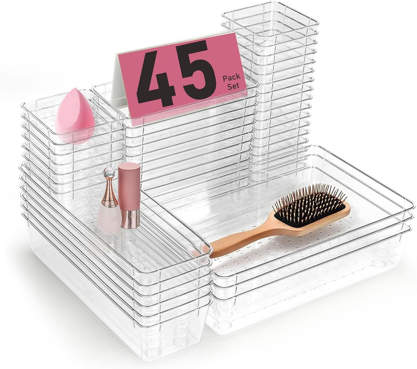 Clear Plastic Drawer Organizers Set of 45 Vanity trays Stackable Storage Bins Dividers Bathroom Organiser Storage Vanity Bins for Makeup, Kitchen Utensils, Jewelries, Office
