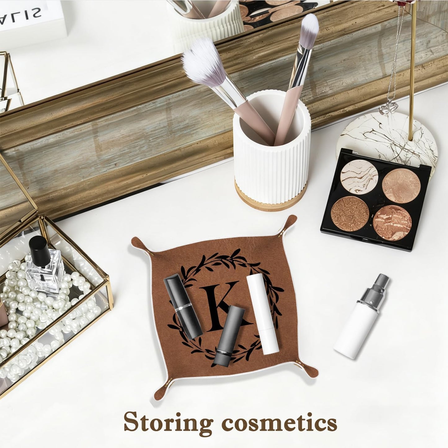 Gifts for Boyfriend Initial Valet Tray,Personalized Gifts for Dad Husband Boyfriend Grandpa,Nightstand Desk Accessories PU Leather Tray Organizer for Birthday Ideas (M)