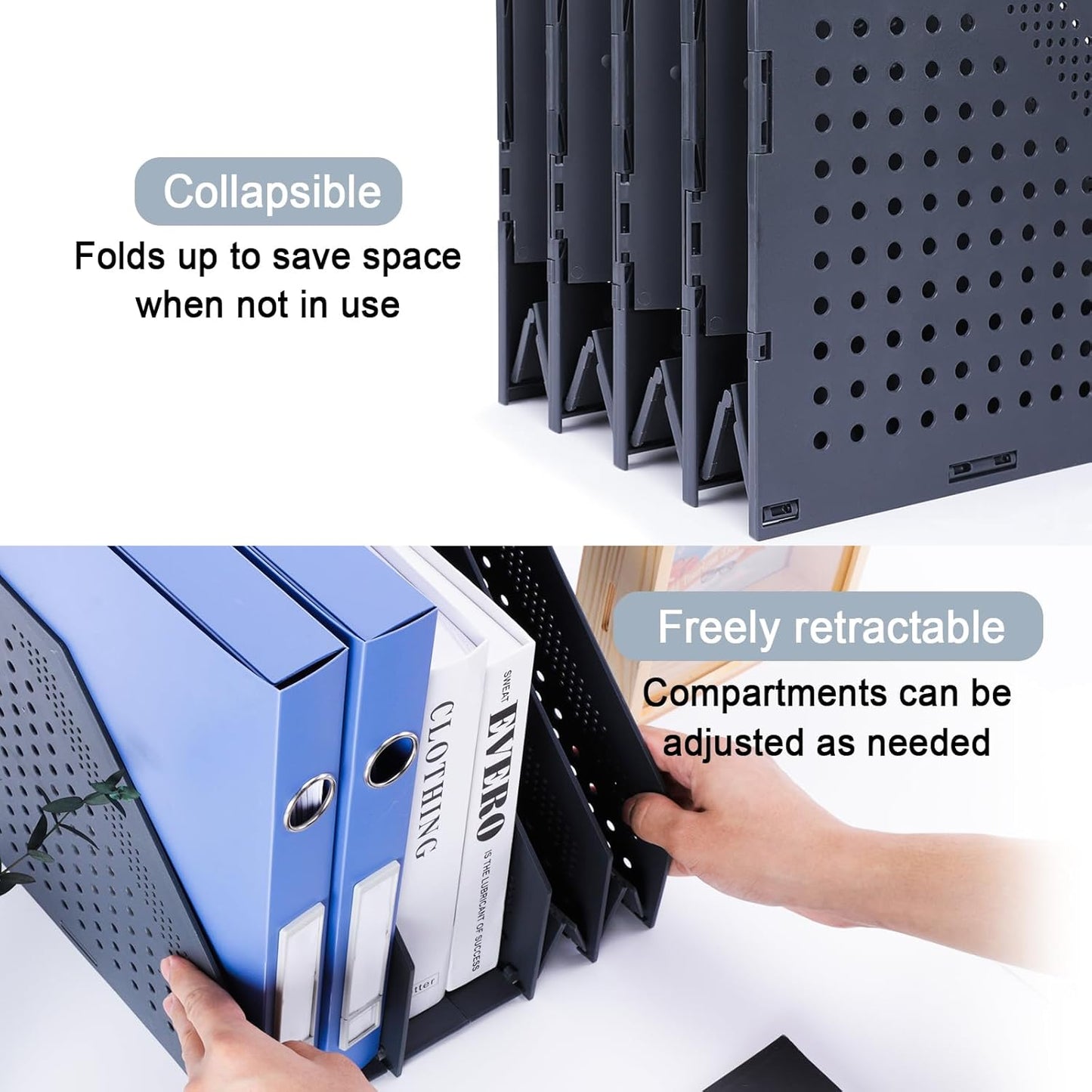 FRETONBA Collapsible Magazine File Holder with 2 Vertical Compartments Foldable Binder Holder for Desk Binder Storage Organizer Plastic Magazine Holders for Shelf, Dark Gray