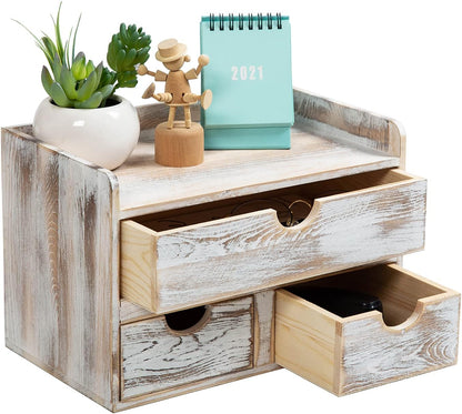 Rustic Distressed white 3-Tier Bamboo Desk Organizer with 3 Drawers Mini Storage Shelf For Desk, Toiletries Vanity Office Supplies (bamboo)