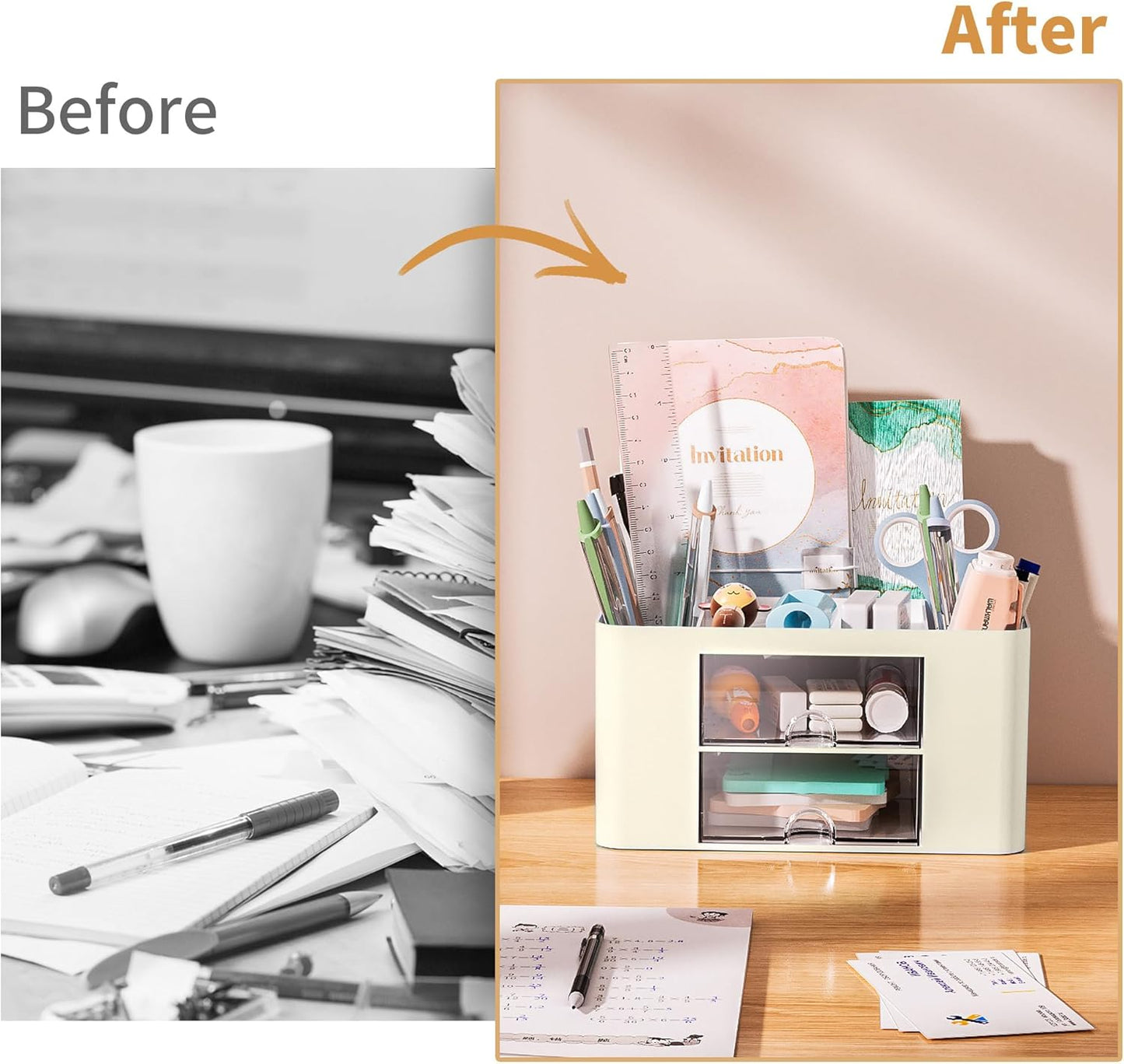Marbrasse Pen Organizer with 2 Drawer, Multi-Functional Pencil Holder for Desk, Desk Organizers and Accessories with 5 Compartments + Drawer for Office Art Supplies (White)