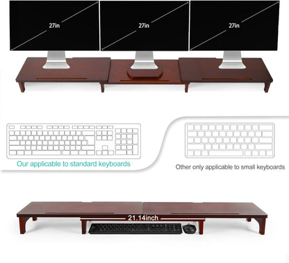 Nnewvante Monitor Stand Riser, 60 inch Large Bamboo Dual Monitor Stand for Desk, 3 Shelves Desktop Screen Riser with Adjustable Length Angle for Computer Laptop PC