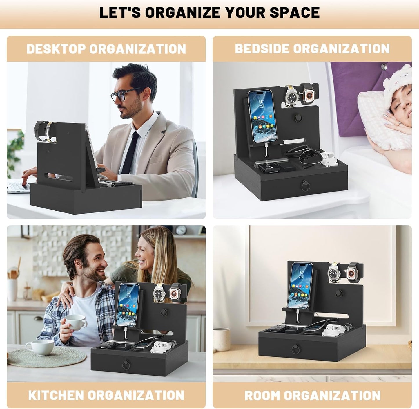 Wood Phone Docking Station with USB Ports and Outlets, Nightstand Organizer with Charging Station, Bedside Organizer with Drawer for Watch & Accessories, Christmas Anniversary Birthday Gifts for Men