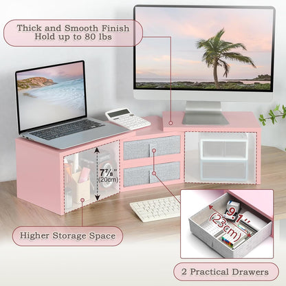 TEAMIX Dual Monitor Stand Riser with 2 Drawers-Length and Angle Adjustable 3 Shelf Monitor Riser with Storage Desk Organizer Large Computer Monitor Stand for 2 Monitors/Laptop/PC,Wood Screen/TV Stand