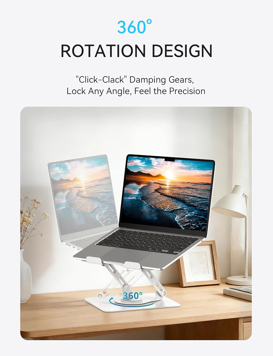 SOUNDANCE 360 Rotating Laptop Stand, Ergonomic Computer Riser for Desk, Adjustable Height Multi-Angle Metal Holder, Foldable Portable Notebook Elevating Base for Office & Home, Silver Grey