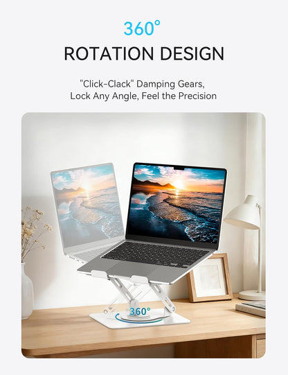 SOUNDANCE 360 Rotating Laptop Stand, Ergonomic Computer Riser for Desk, Adjustable Height Multi-Angle Metal Holder, Foldable Portable Notebook Elevating Base for Office & Home, Silver Grey