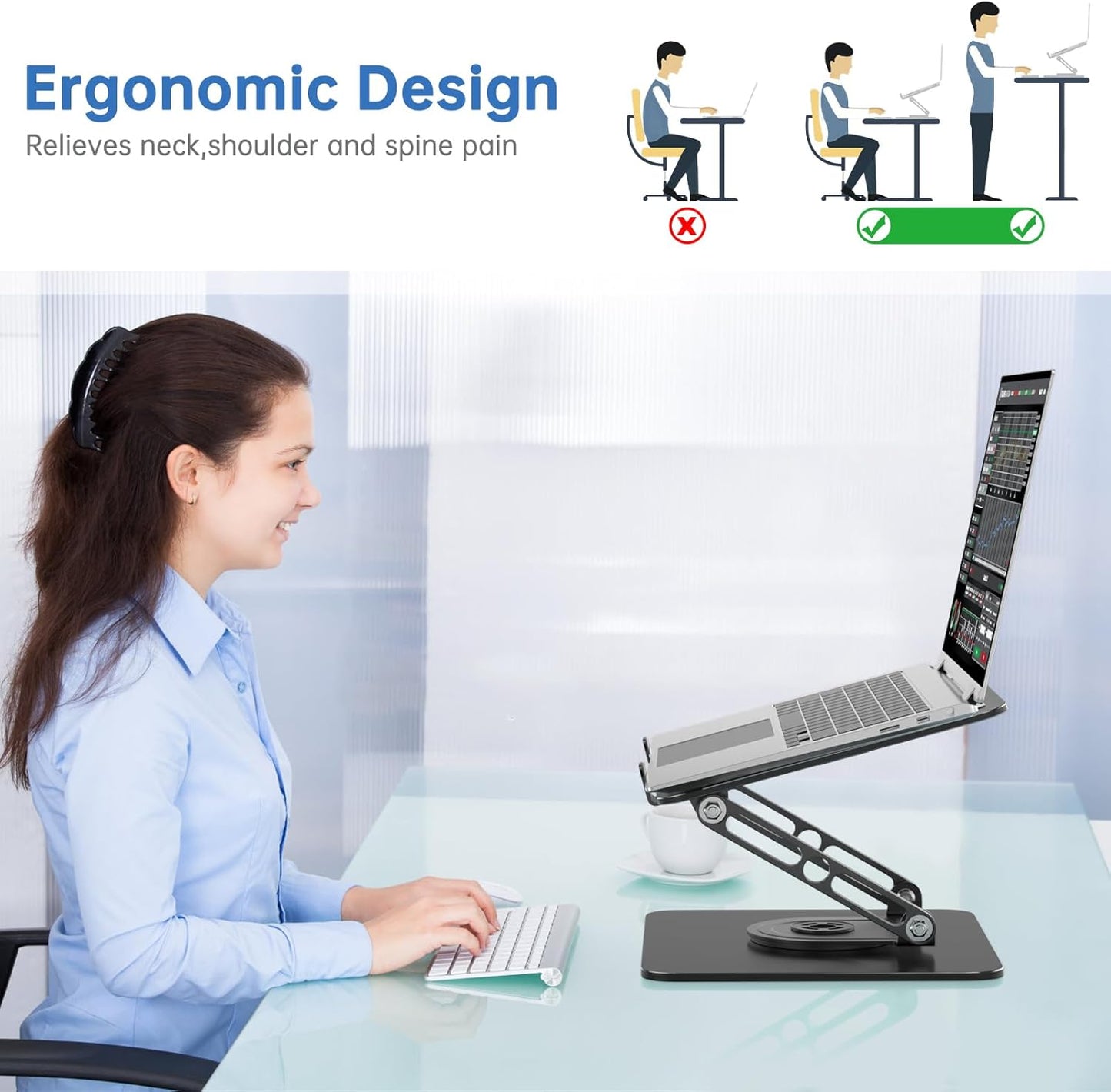 Laptop Stand for Desk Adjustable Computer Stand with 360 Rotating Base Ergonomic Laptop Riser Mount for Desk Foldable Protable Computer Desk Fits with MacBook Pro Air, Round Black