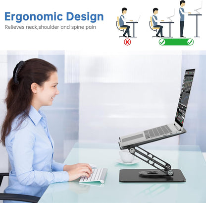 Laptop Stand for Desk Adjustable Computer Stand with 360 Rotating Base Ergonomic Laptop Riser Mount for Desk Foldable Protable Computer Desk Fits with MacBook Pro Air, Round Black
