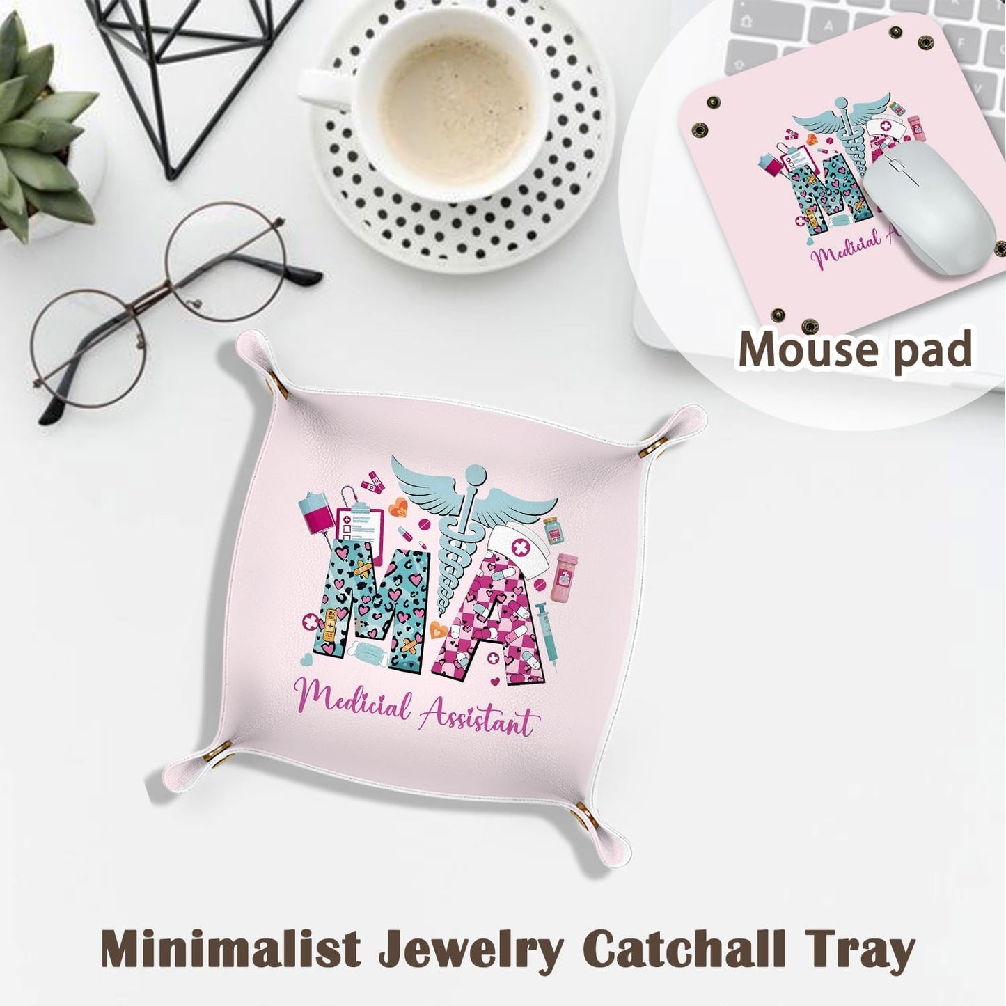 Inspirational Gifts for Women Jewelry Valet Tray, Motivational Positive Affirmations Gifts for Women, Blue Retro Nightstand Desk Accessories PU Leather Tray Organizer for Jewelry Rings Watches