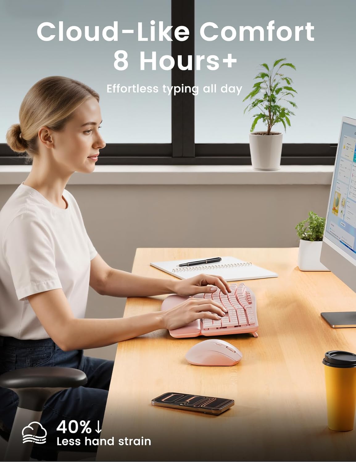 Wireless Keyboard and Mouse Combo, SABLUTE MA41 30dB Quiet Ergonomic Wave Keyboard Set with Soft Leather Palm Rest, Dual-System Switch for Windows/Mac, Ideal for Business Teams Home Office