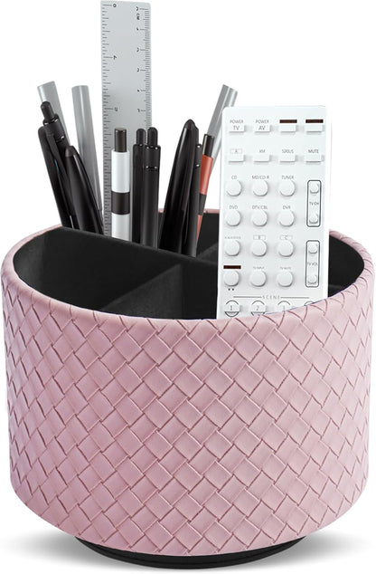 Hennaja Round Leather Art Supply Organizer,Remote Control Holder,360 Degree Rotating,Multi-Functional Pencil Holder,4 Compartments Desktop Stationary Organizer(1-Blue Bird) - Colors C