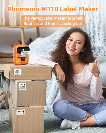 Phomemo M110 Label Makers - Barcode Label Printer Bluetooth Label Maker Portable Thermal Printer for Small Business, Address, Barcode, Logo, Clothing, Mailing, Sticker Printers for Phone & PC, Black