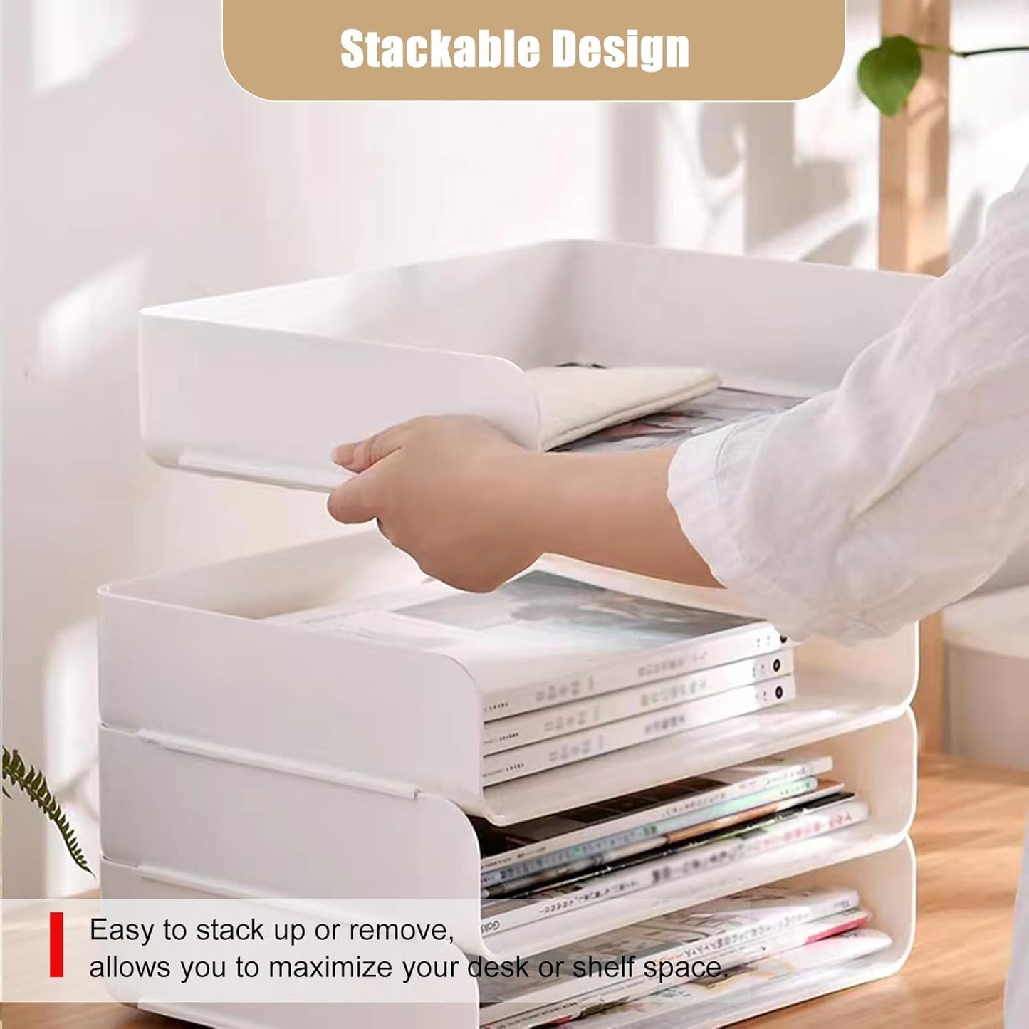 Clear Stackable Paper Trays 4 Pack, PET Letter Tray Desk Organizer, Desktop Organizers and Storage for Books, Magazines, Folders, A4 Size File Paper, Office Supplies