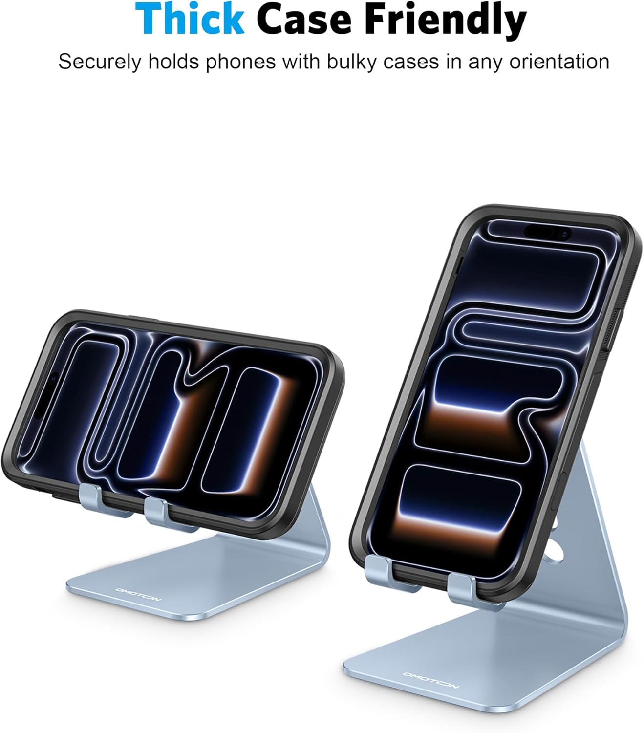 Adjustable Cell Phone Stand, OMOTON Aluminum Desktop Cellphone Stand with Anti-Slip Base and Convenient Charging Port, Fits All Smart Phones, Silver