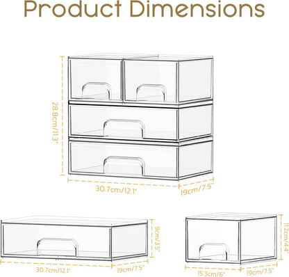 Criusia Stackable Storage Drawers, 4 Pack Clear Plastic Makeup & Bathroom Organizer, Versatile Storage Bins for Vanity, Under Sink, Kitchen Cabinets & Pantry