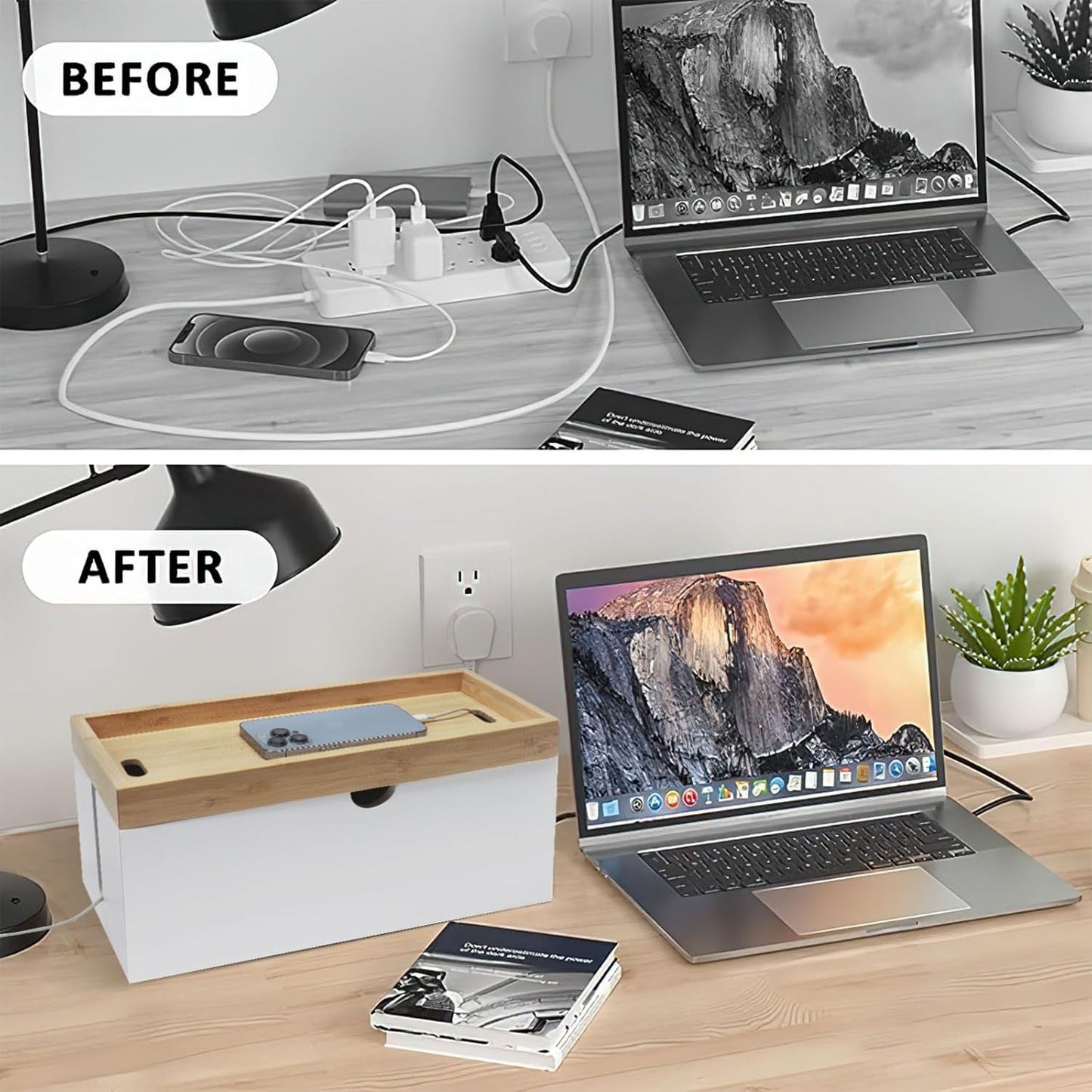 Bamboo Cable Management Box, Large Cord Organizer Box Cable Box to Hide Wires & Power Strips for Desktop Storage Cord Holder for Office Home,No Assembley Required (All White, Large)