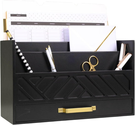 BLU MONACO | Pink Desk Organizers Wooden Mail Organizer with Drawer | Mail Sorter Organizer Countertop Gold Handle | Desk Organizers and Accessories Pink Office Storage