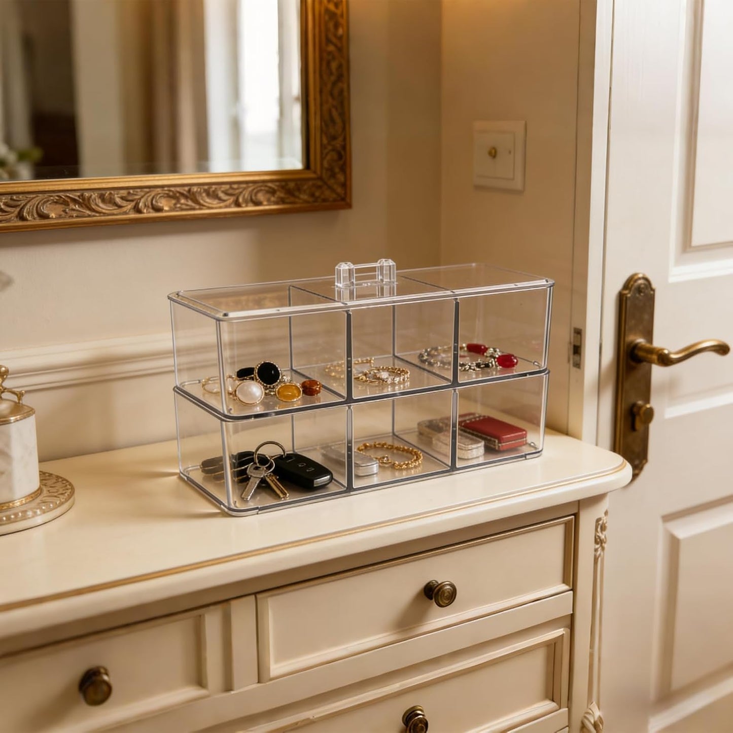 2 Pack Acrylic 3-Compartment Organizer Box, Storage Box with Lid, Clear Pen Holder Organizer Makeup Brush Holder for Office Desk Accessories, Cosmetic Brush Storage Box, Dorm, Bathroom, Kitchen