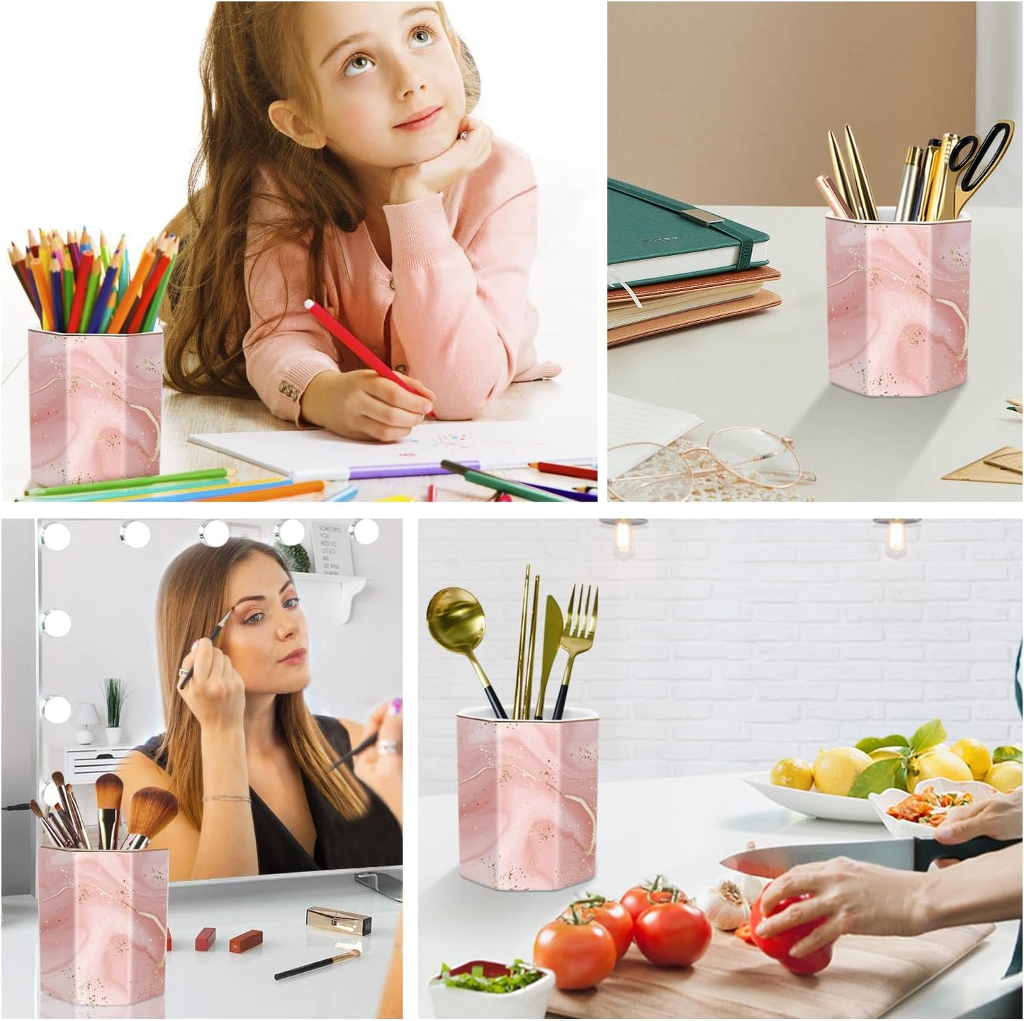 WAVEYU Ceramic Pen Holder for Desk Cute, Pencil Cup Pot Desk Organizer, Makeup Brush Holder for Women, Men, Kids, Desk Marble Decor for Office, Classroom, Home, Gray Golden
