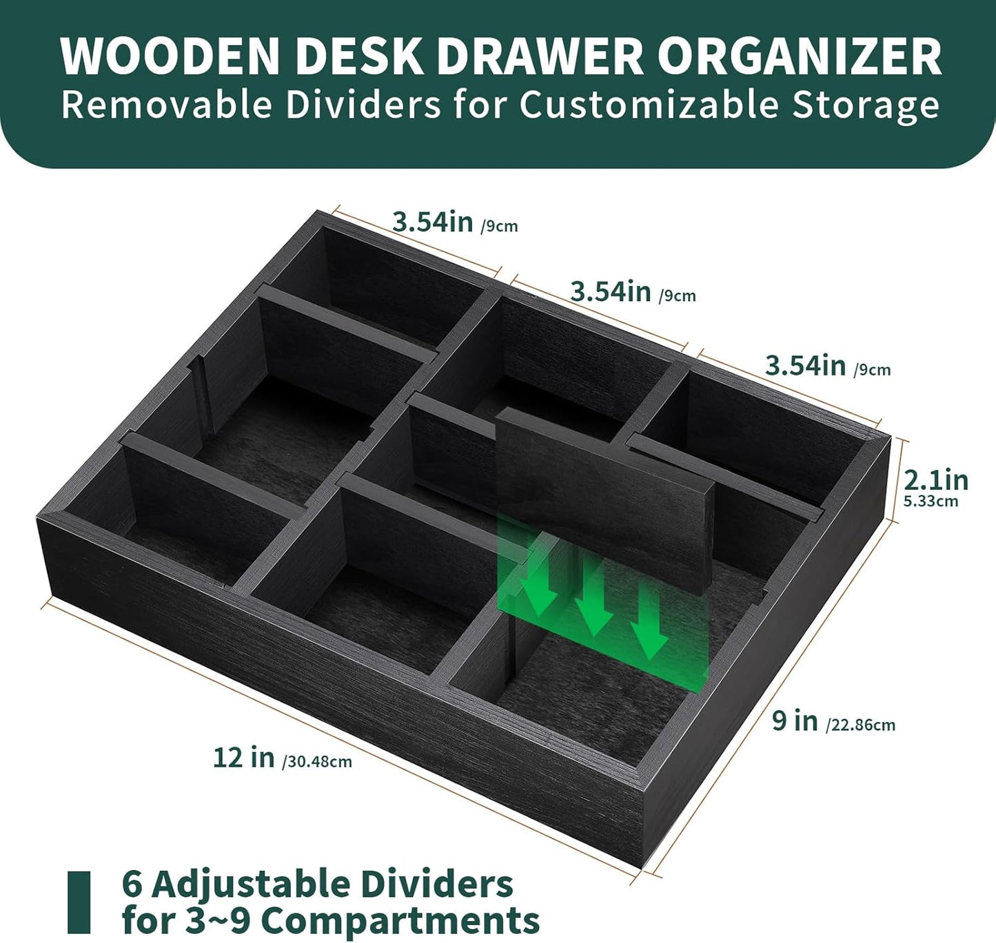 Wooden Desk Drawer Organizer, 9-Slot Office Organization and Storage Box, Adjustable Natural Wood Desktop Tray for Pens, Sticky Notes, and Small Accessories, Aesthetic Home Office Decor (12 x 9 In)