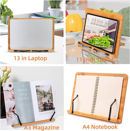 MEGREZ Bamboo Book Stand (13.2 x 9.4 inch) for Reading, Kitchen Cookbook Holder, Adjustable for Tablet/Textbook, Hollow Bookrest, Panda