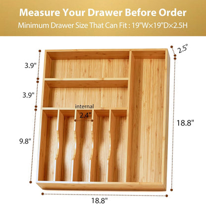 Umilife Bamboo Kitchen Drawer Organizer, 13 Inch Silverware Utensil Tray Holder, Extra Deep Grooved Drawer Divider, 7 Slots Total Bamboo Wood Caddy for Flatware Cutlery Knives, Forks, Spoons