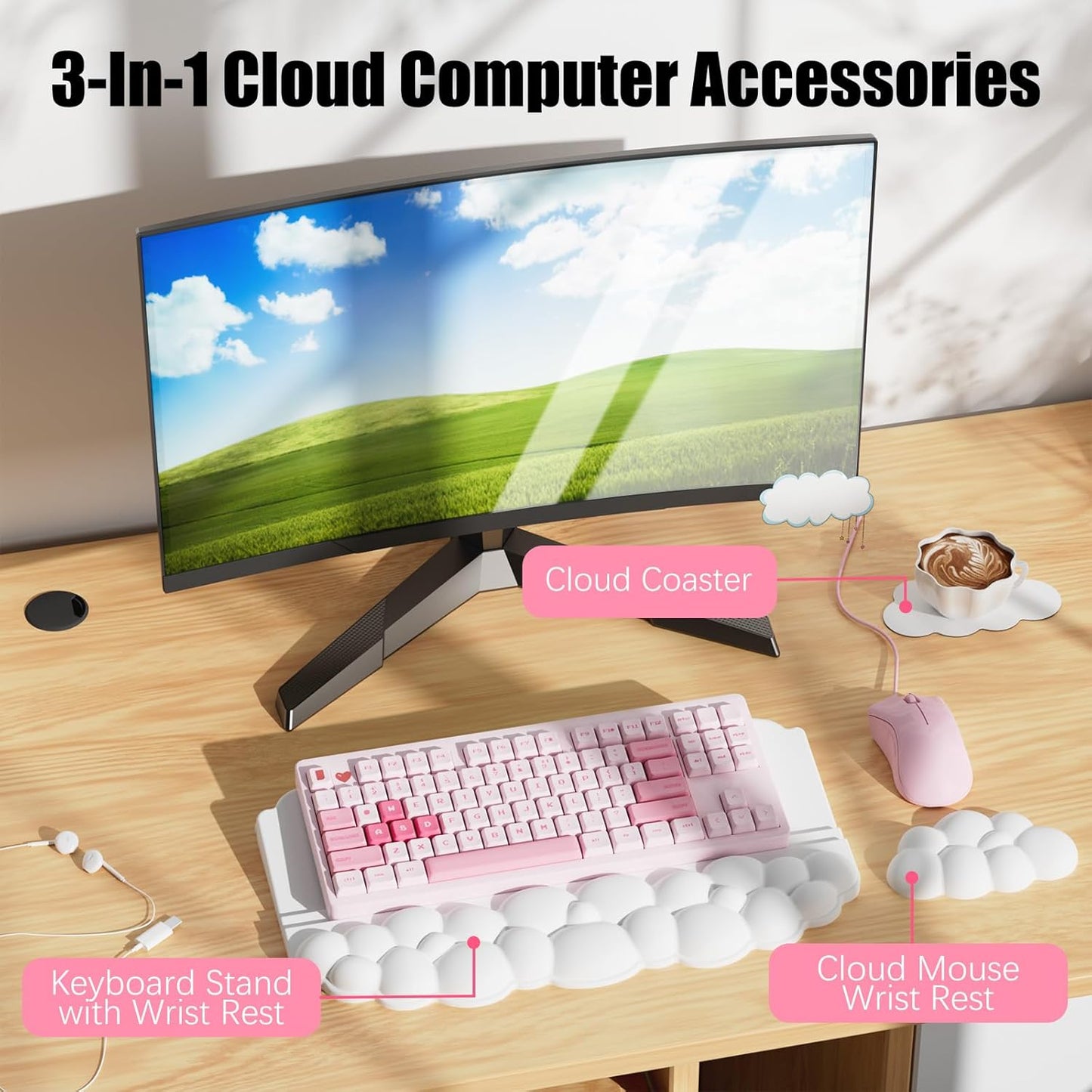 Ergonomic Wrist Rest for Keyboard and Mouse, Soft Memory Foam Cloud Keyboard Stand Pad with Wrist Rest Set, Easy Typing, Pain Relief, Comfort for Office, Work, Gaming - White
