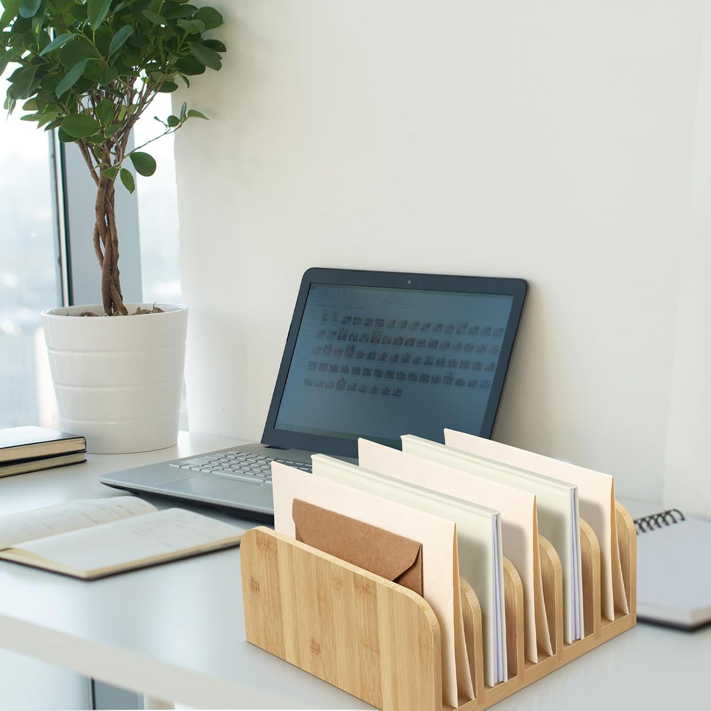 Lineshading Desk Mail Organizer Bamboo File Holders Countertop Paper Organizer Letter Sorter 5 Compartments Envelope Holders with Anti Slip Mat for Home Office School Desktop Document Storage