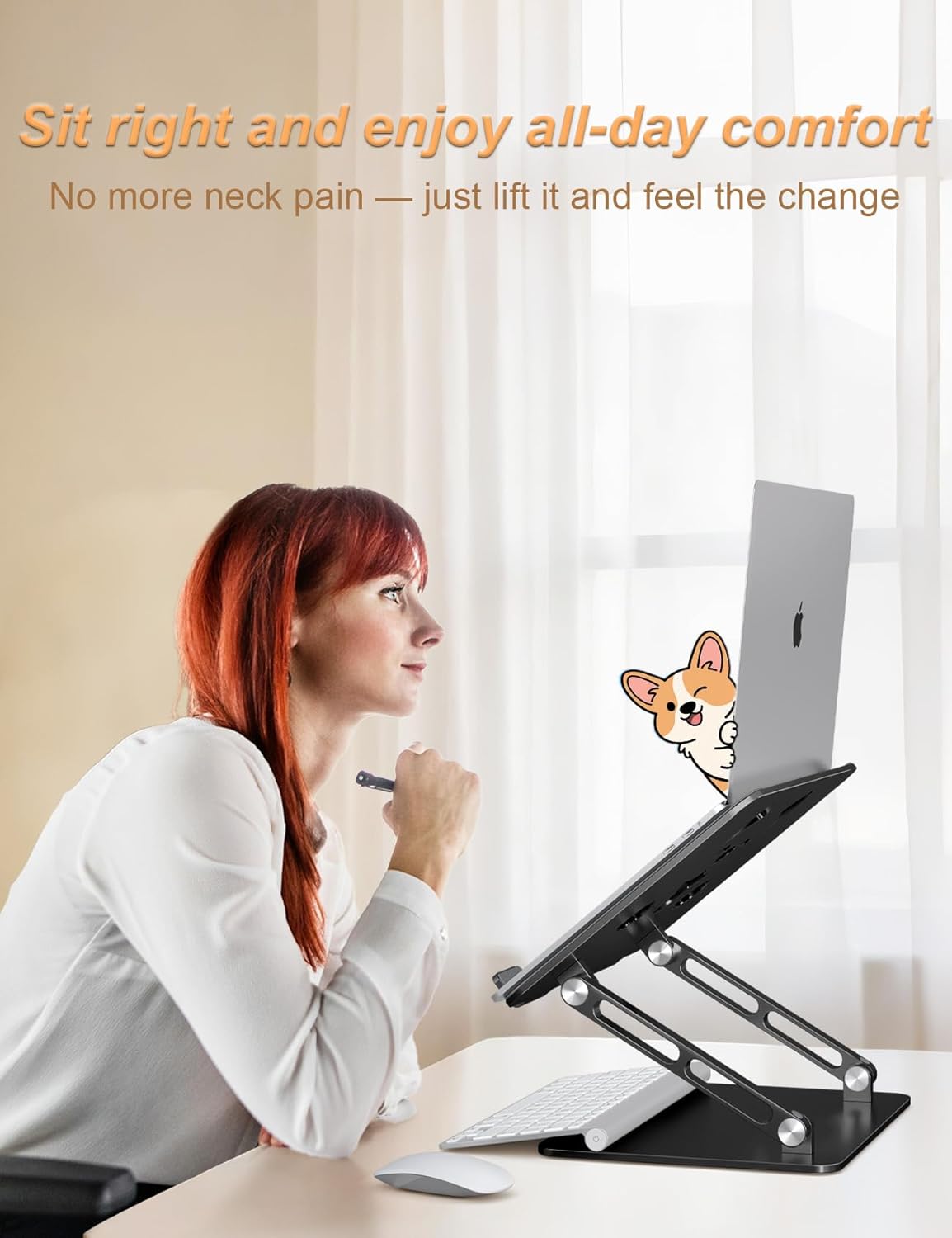 Aoviho Laptop Stand for Desk-Adjustable, Foldable, Portable, Ergonomic Aluminum Notebook Riser with Unique Puppy Cooling Vent, Desk Gift for 10"-17.3" Devices Mac, Dell, HP, Lenovo, Samsung, Gray