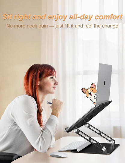 Aoviho Laptop Stand for Desk-Adjustable, Foldable, Portable, Ergonomic Aluminum Notebook Riser with Unique Puppy Cooling Vent, Desk Gift for 10"-17.3" Devices Mac, Dell, HP, Lenovo, Samsung, Gray
