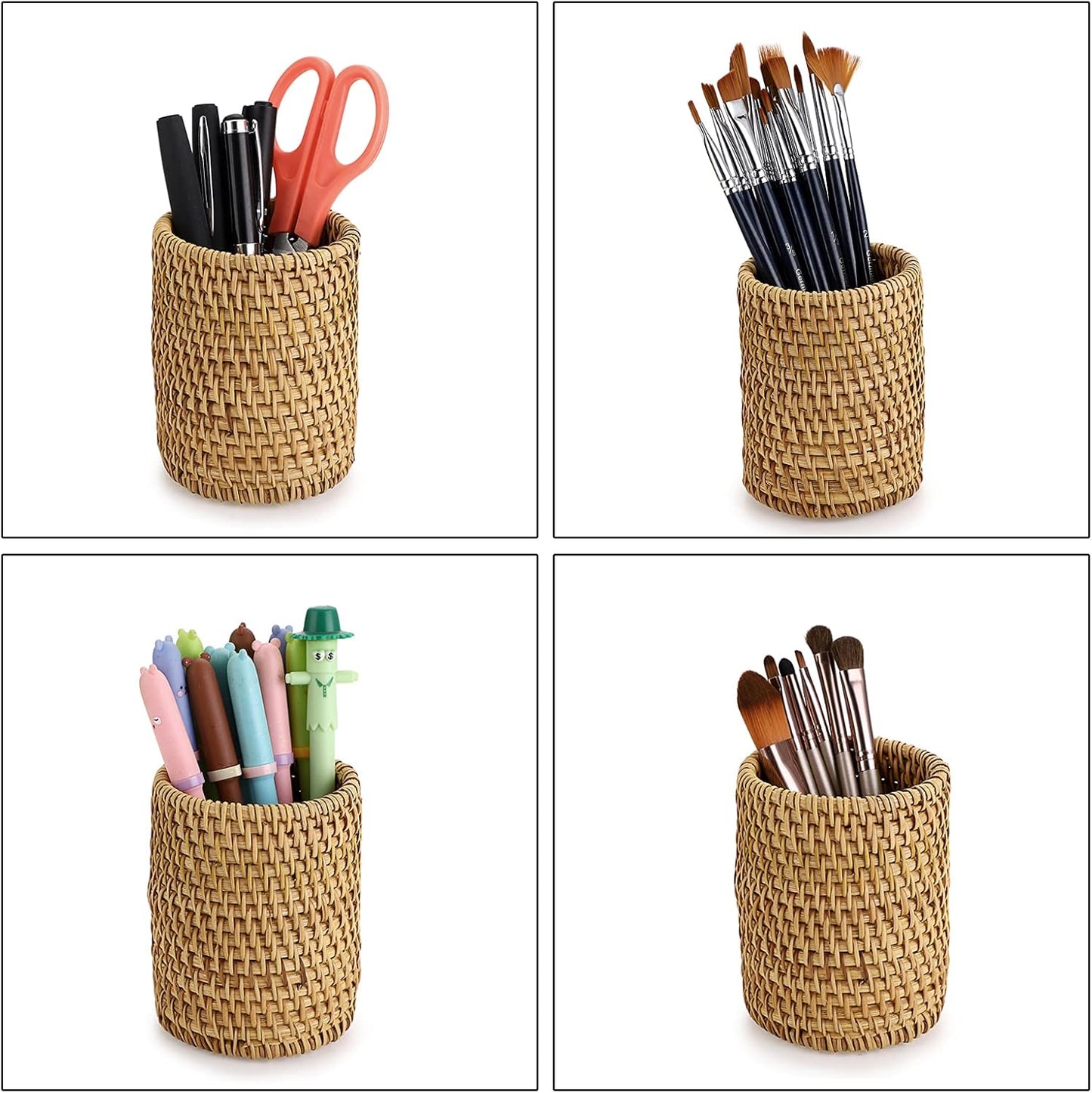 BTSKY Rattan Pen Cup, Handmade Desk Pencil Holders Makeup Brush Holder Multi-Functional Woven Basket Office&Home Desktop Organizer(Cone)