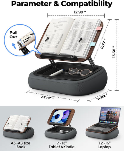 Viozon Lap Book Pillow Stand with Storage, Adjustable Beanbag Reading Pillow with Dark Wood Panel, Multi-Angle Book Holder for Hands-Free Reading in Bed or Sofa,Book Lover Essential,Soft Cushion