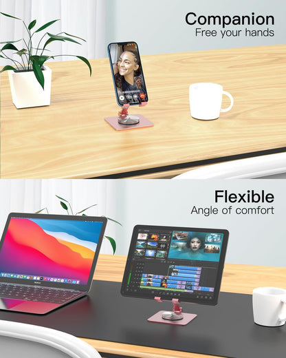 Cell Phone & Tablet Stand for Desk, Aluminum Adjustable Holder for iPhone, iPad & Smartphones || Foldable Mount with 360° Swivel, Stable Base & Portable Design for 4–9.7in Devices, Purple