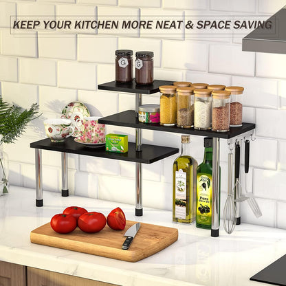 ZHWS Kitchen Countertop Organizer Spice Rack for Salt, Bathroom Counter Organizer Over Sink for Makeup, Skincare, Adjustable 3-Tier Corner Counter Shelf with 4 Hooks for Coffee Bar Dresser Table