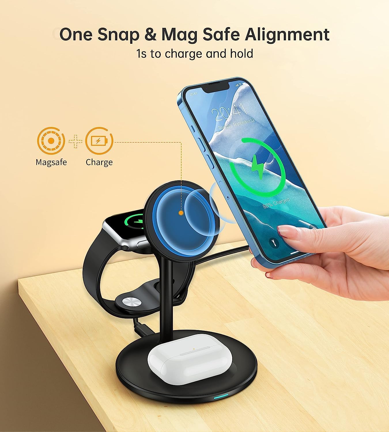 XooFly 3 in 1 Wireless Charging Station for Apple Devices, Fast Wireless Mag-Safe Charger Stand with 20W Adapter for iPhone 17 16 15 14 13 12 Pro Max/Air/Plus/Pro,iWatch,AirPods-Gift for Wife&Husband