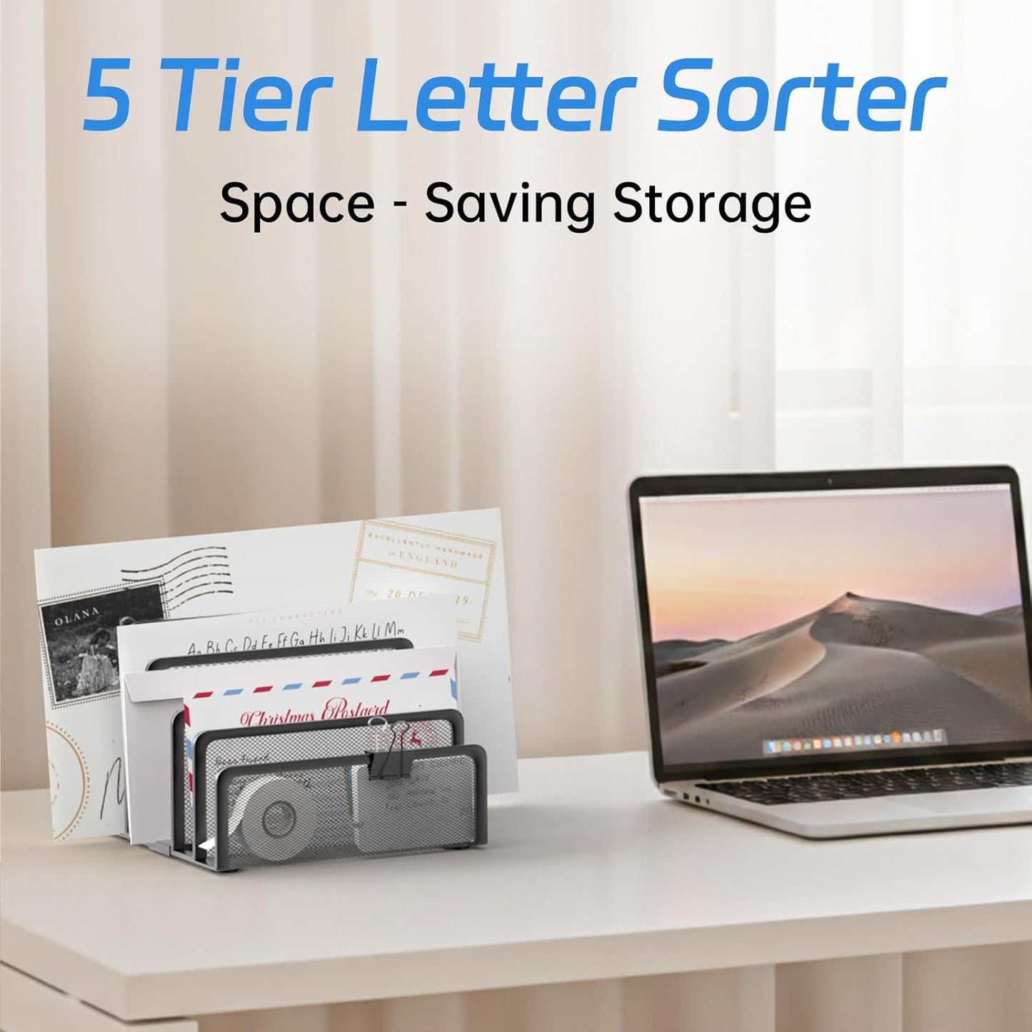 Mail Organizer Countertop with 5 Slot, Metal Mail Holder for Desk, File Holder Letter Sorter for Envelope, Bill and Document (Rose Gold)