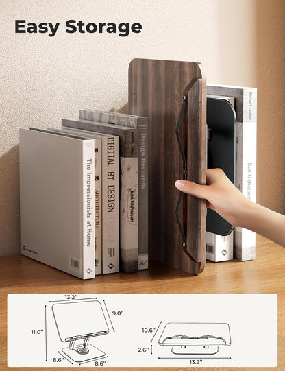 Tounee Book Stand for Reading, Adjustable Book Holder with 360° Swivel Base, Foldable Cookbook Stand Recipe Book Holder with Elastic Page Clips for Music Scores, Recipe, Tablet, Laptop-Gray