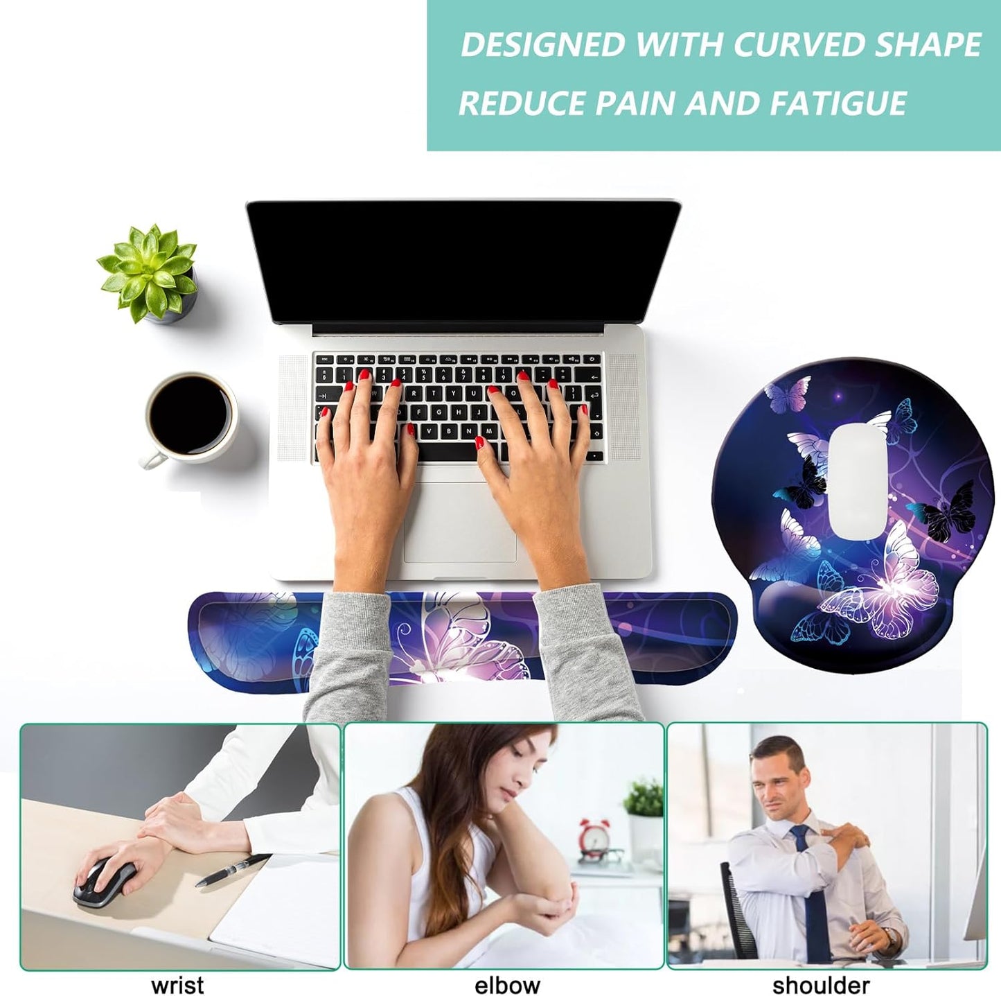 Keyboard Wrist Rest Pad Mouse Pad with Wrist Support Set of 3, Mousepad with Non-Slip Rubber Base, Ergonomic Memory Foam Mouse Wrist Cushion Support for Home Office Laptop Computer, Flower Black