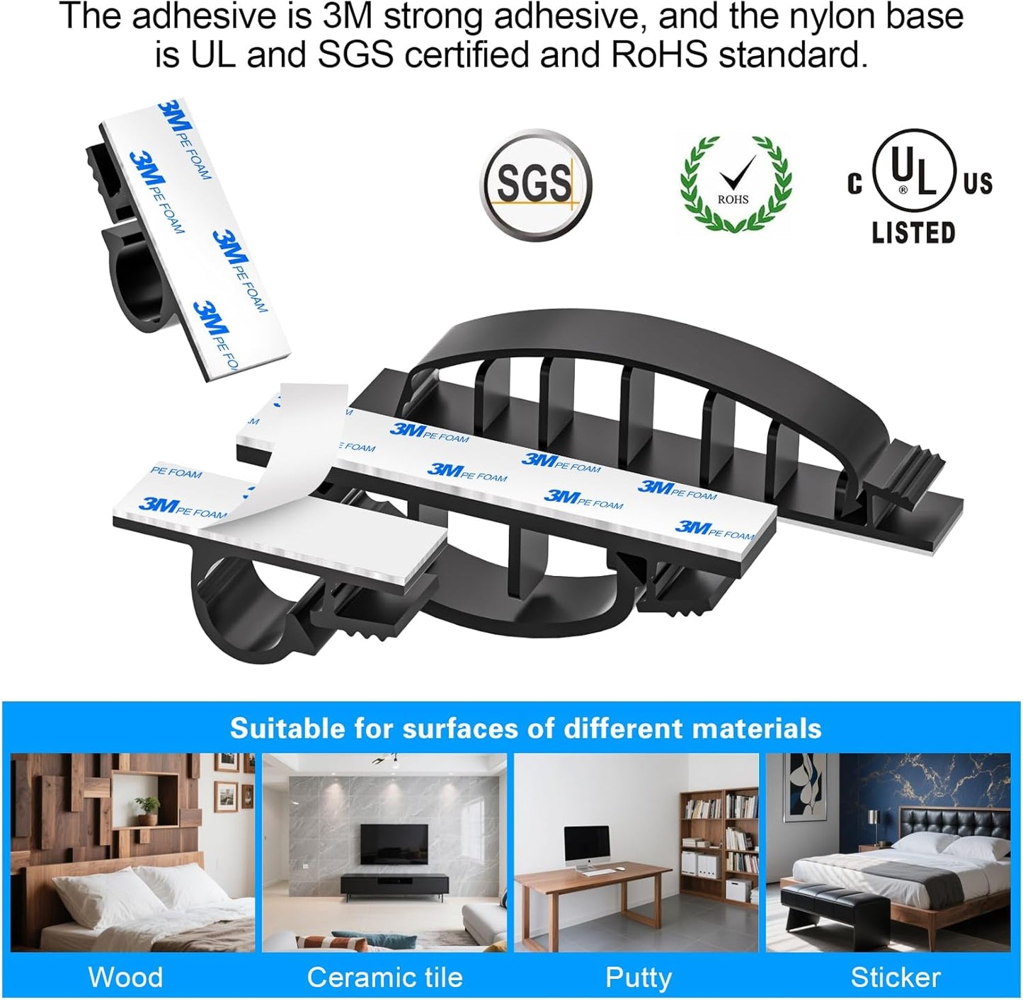 XHF 100pcs Adhesive Cable Wire Clips Black, Outdoor Cable Management Wire Organizer Cord Holder for Under Desk, Car, Wall, TV PC Ethernet Cable
