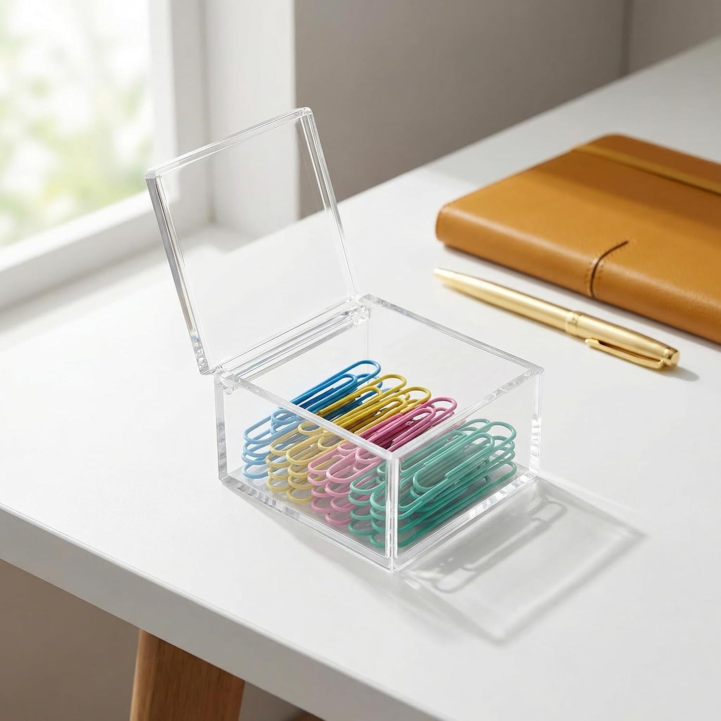 Small Acrylic Box with Lid for Paper Clips Rubber Bands Sticky Notes Hair Ties Clear Plastic Organizer Container for Desk Drawer Office Supplies Bathroom Accessories Clip and Tie Holders