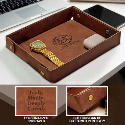 Engraved Leather Valet Tray for Men – Personalized Catchall with Custom Name for Desk, Dresser, Nightstand – Men's Organizer Tray for Keys, Wallet, Jewelry, Personalized Gift for Home, Office - Coffee