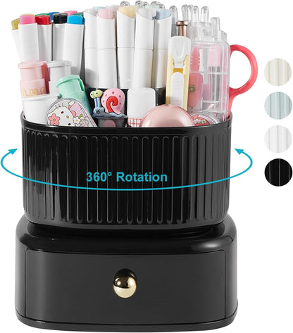Desk Pencil Pen Holder, 5 Slots 360 Degree Rotating Pencil Pen Organizers for Desk Desktop Storage Stationery Supplies Organizer Cute Pen Cup for Office School Home Art Supply Cream Yellow