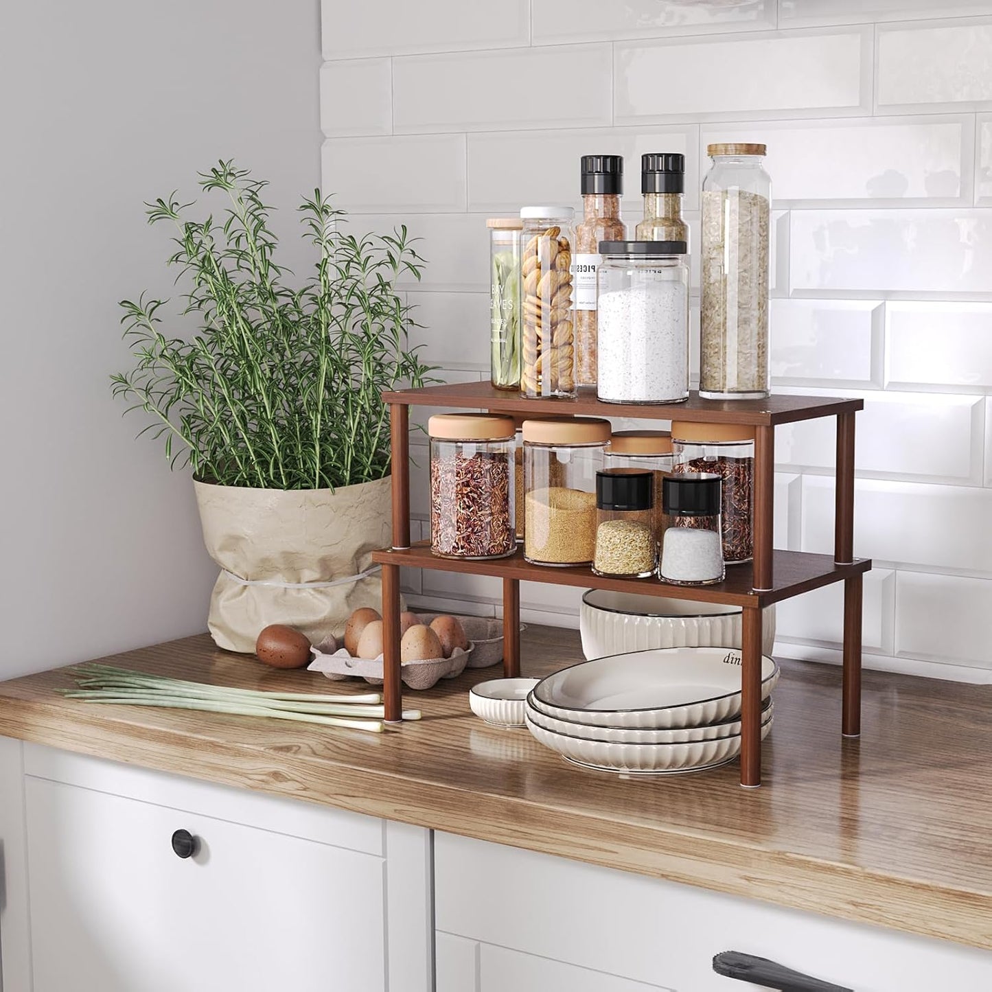 VERTORGAN Cabinet Organizer Shelf(Set of 2),Kitchen Counter Shelves,Bamboo Stackable Expandable Spice Rack Countertop(Medium)