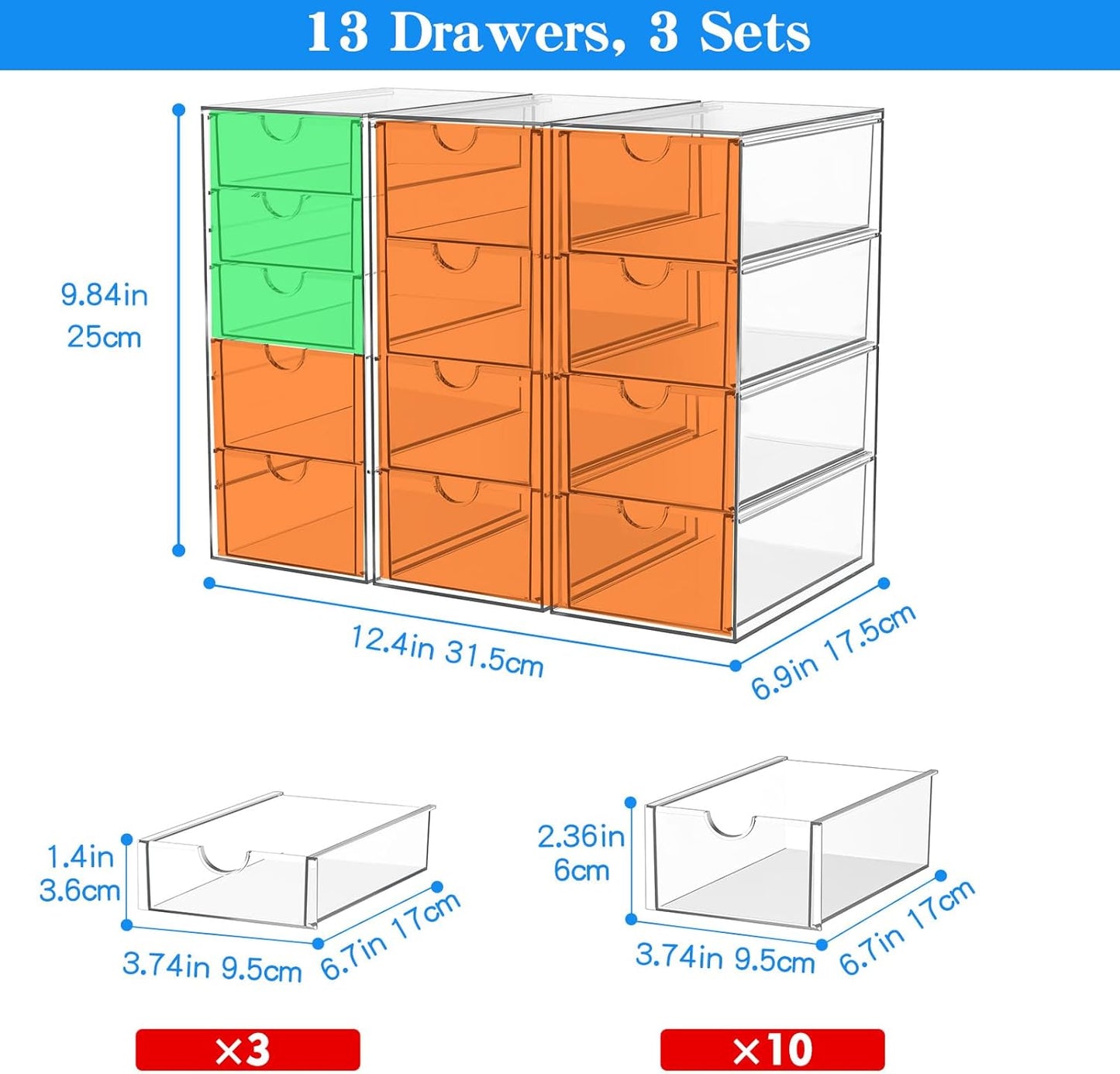 ARSTPEOE Makeup Acrylic Organizer with 17 Drawers(4 Sets), Desk Organizers and Accessories, Clear Makeup Organizer, Dustproof Storage Drawers for Office Art Craft Supplies