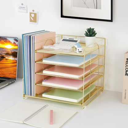 LEKETREE Desk Organizers and Accessories, 5-Tier Paper Letter Tray Organizer with File Holder, Desktop Organizer for Office Supplies (Black)