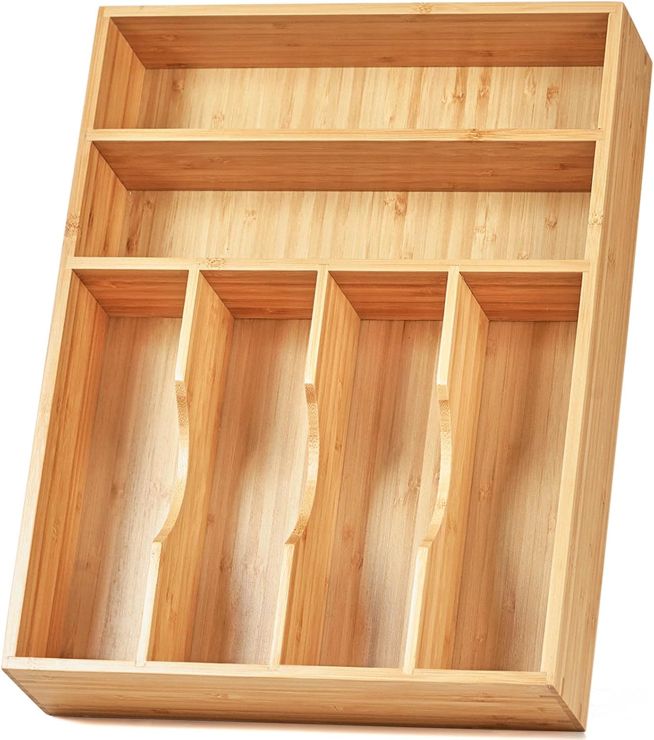 Umilife Bamboo Kitchen Drawer Organizer, 13 Inch Silverware Utensil Tray Holder, Extra Deep Grooved Drawer Divider, 7 Slots Total Bamboo Wood Caddy for Flatware Cutlery Knives, Forks, Spoons
