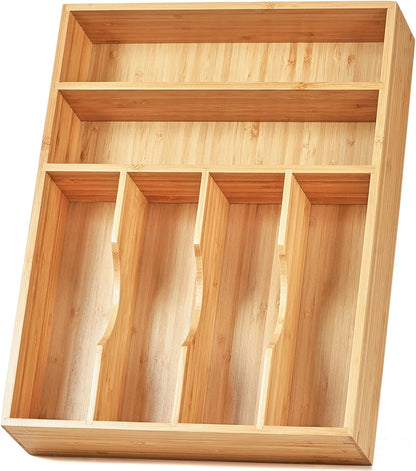 Umilife Bamboo Kitchen Drawer Organizer, 13 Inch Silverware Utensil Tray Holder, Extra Deep Grooved Drawer Divider, 7 Slots Total Bamboo Wood Caddy for Flatware Cutlery Knives, Forks, Spoons