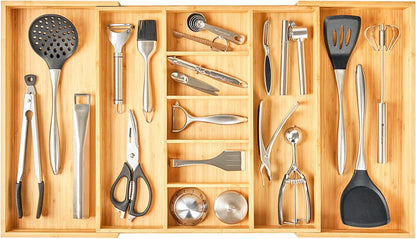 Umilife Expandable Kitchen Drawer Organizer, 2.5" High Bamboo Utensils Silverware Tray, Adjustable Large Deep Wood Organization Holder